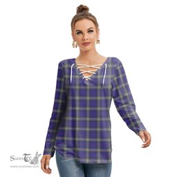 ScotsTee Shop Scottish Kinnaird Clan Tartan Womens V Neck Lace Up Criss Cross Sweatshirt