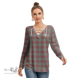 ScotsTee Shop Scottish MacGregor Hunting Ancient Clan Crest Tartan Womens V Neck Lace Up Criss Cross Sweatshirt