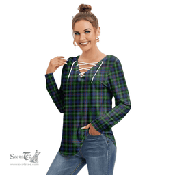 ScotsTee Shop Scottish MacKenzie Modern Clan Tartan Womens V Neck Lace Up Criss Cross Sweatshirt