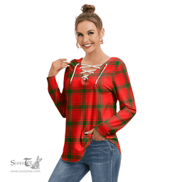 ScotsTee Shop Scottish MacDonald of Sleat Clan Tartan Womens V Neck Lace Up Criss Cross Sweatshirt