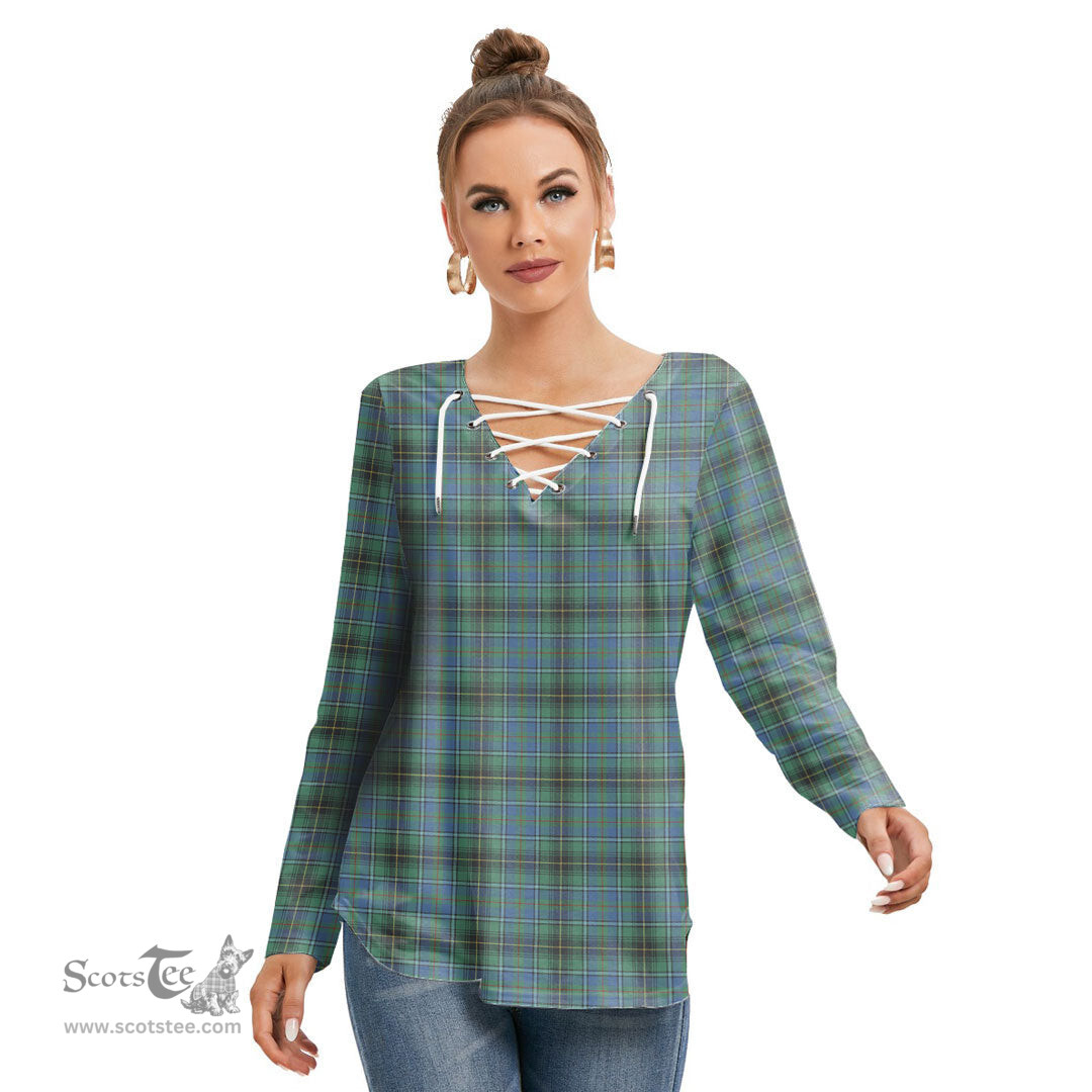 ScotsTee Shop Scottish MacInnes Ancient Clan Tartan Womens V Neck Lace Up Criss Cross Sweatshirt