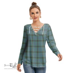 ScotsTee Shop Scottish MacInnes Ancient Clan Tartan Womens V Neck Lace Up Criss Cross Sweatshirt
