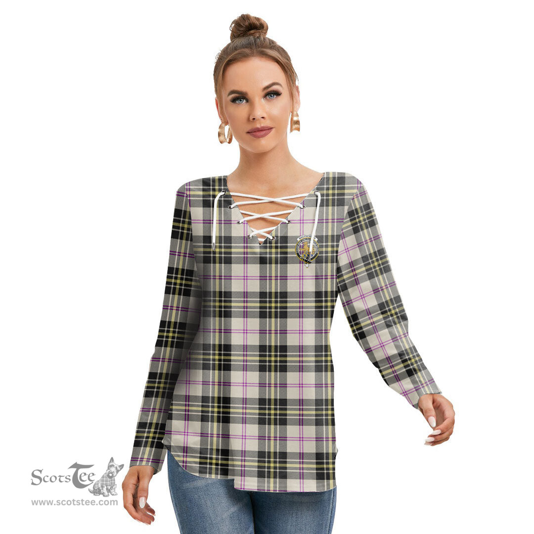 ScotsTee Shop Scottish MacPherson Dress Ancient Clan Crest Tartan Womens V Neck Lace Up Criss Cross Sweatshirt