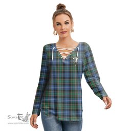 ScotsTee Shop Scottish MacRae Hunting Ancient Clan Crest Tartan Womens V Neck Lace Up Criss Cross Sweatshirt