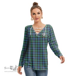 ScotsTee Shop Scottish Hunter Ancient Clan Crest Tartan Womens V Neck Lace Up Criss Cross Sweatshirt