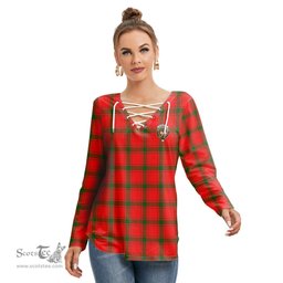 ScotsTee Shop Scottish MacDonald of Sleat Clan Crest Tartan Womens V Neck Lace Up Criss Cross Sweatshirt