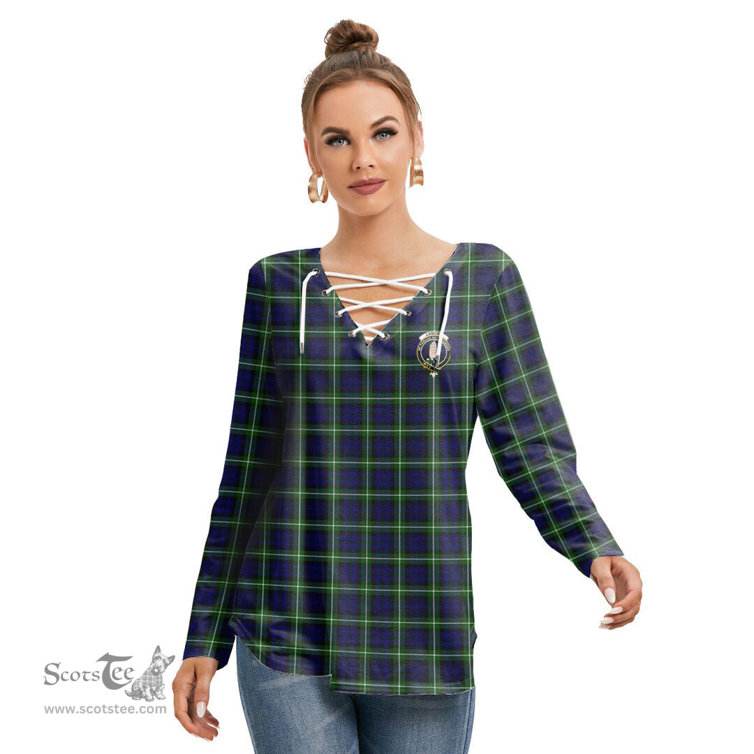 ScotsTee Shop Scottish Lamont Modern Clan Crest Tartan Womens V Neck Lace Up Criss Cross Sweatshirt