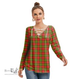 ScotsTee Shop Scottish Leask Clan Tartan Womens V Neck Lace Up Criss Cross Sweatshirt