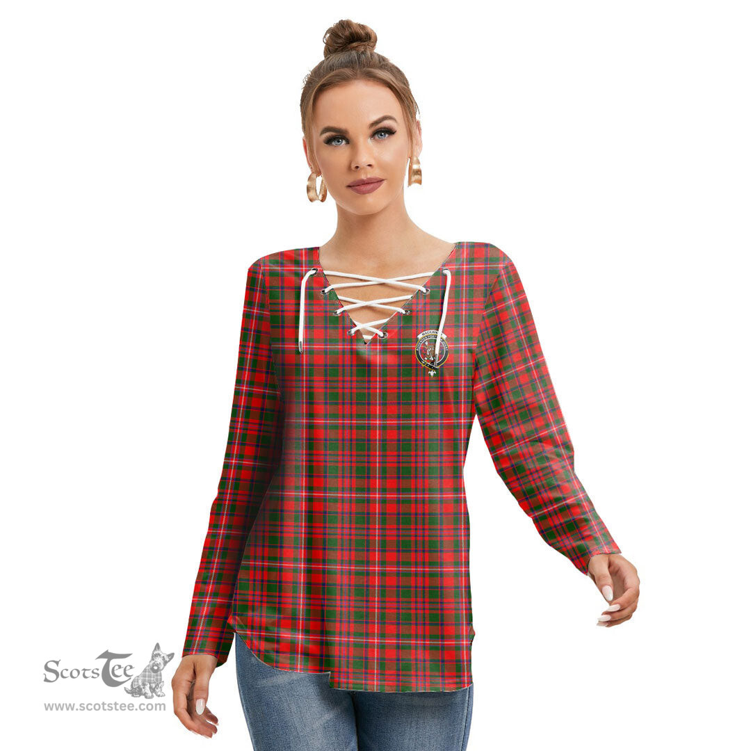 ScotsTee Shop Scottish MacKinnon Modern Clan Crest Tartan Womens V Neck Lace Up Criss Cross Sweatshirt