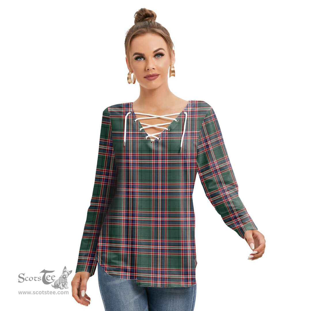 ScotsTee Shop Scottish MacFarlane Hunting Modern Clan Tartan Womens V Neck Lace Up Criss Cross Sweatshirt