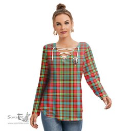 ScotsTee Shop Scottish Ogilvie Clan Crest Tartan Womens V Neck Lace Up Criss Cross Sweatshirt