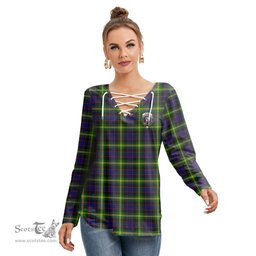 ScotsTee Shop Scottish Watson Modern Clan Crest Tartan Womens V Neck Lace Up Criss Cross Sweatshirt