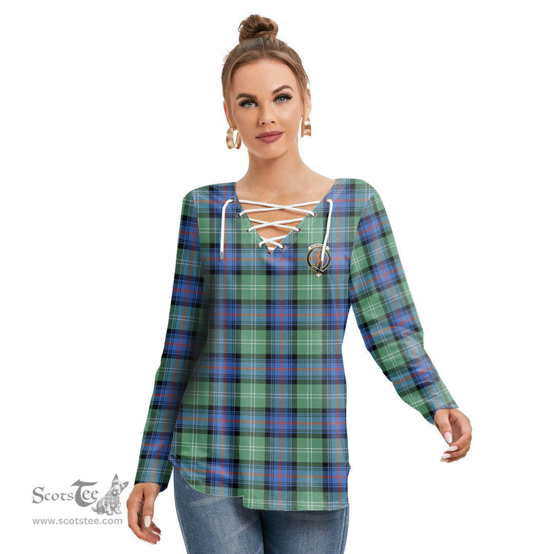 ScotsTee Shop Scottish Sutherland Old Ancient Clan Crest Tartan Womens V Neck Lace Up Criss Cross Sweatshirt