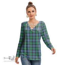 ScotsTee Shop Scottish Morrison Ancient Clan Tartan Womens V Neck Lace Up Criss Cross Sweatshirt