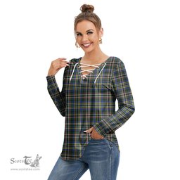 ScotsTee Shop Scottish SCOTT GREEN MODERN Clan Tartan Womens V Neck Lace Up Criss Cross Sweatshirt
