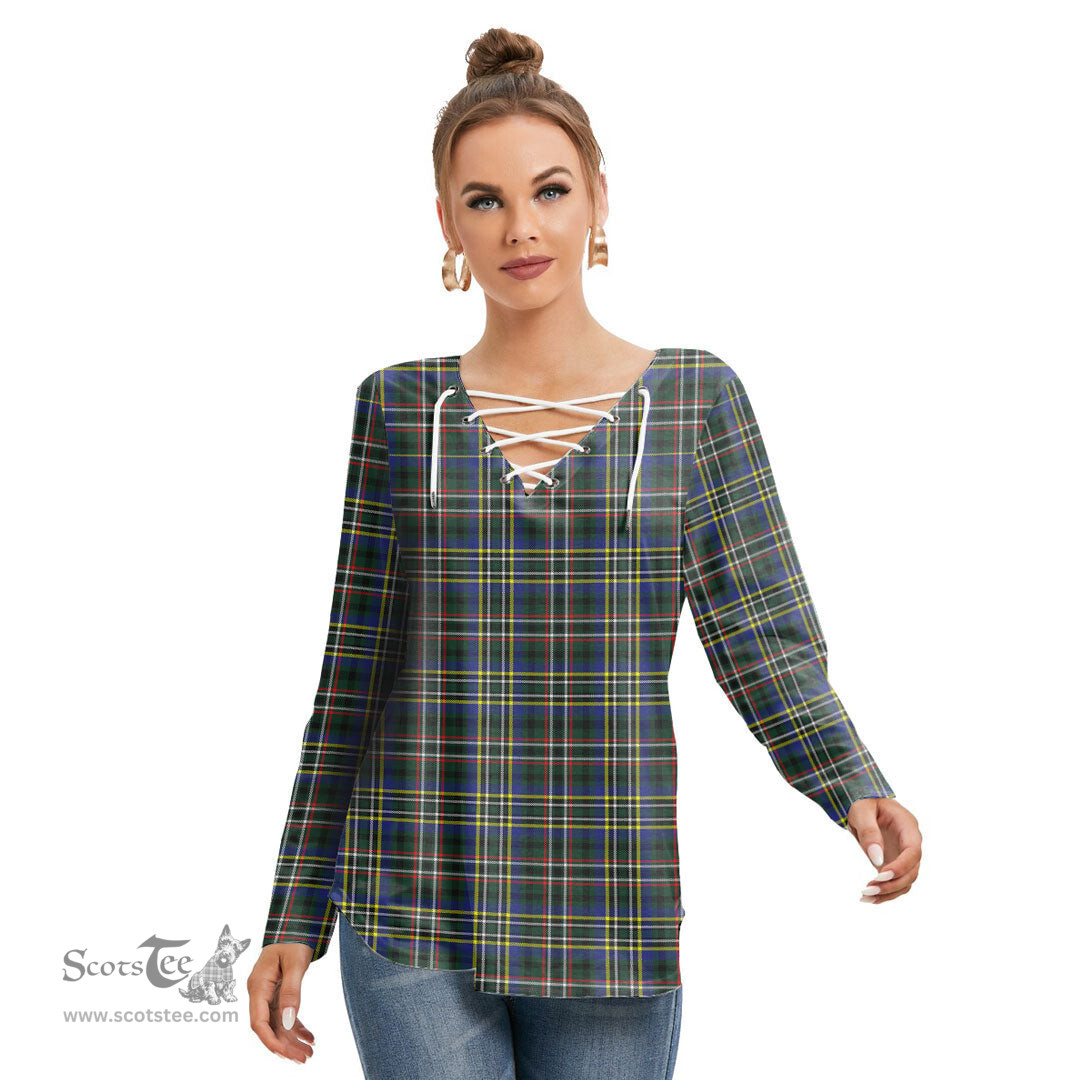 ScotsTee Shop Scottish SCOTT GREEN MODERN Clan Tartan Womens V Neck Lace Up Criss Cross Sweatshirt