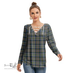 ScotsTee Shop Scottish SCOTT GREEN MODERN Clan Tartan Womens V Neck Lace Up Criss Cross Sweatshirt