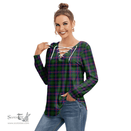ScotsTee Shop Scottish Morrison Modern Clan Tartan Womens V Neck Lace Up Criss Cross Sweatshirt