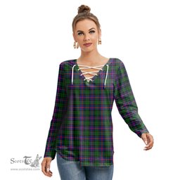 ScotsTee Shop Scottish Morrison Modern Clan Tartan Womens V Neck Lace Up Criss Cross Sweatshirt