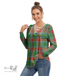ScotsTee Shop Scottish Muirhead Clan Tartan Womens V Neck Lace Up Criss Cross Sweatshirt