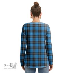 ScotsTee Shop Scottish Ramsay Blue Ancient Clan Crest Tartan Womens V Neck Lace Up Criss Cross Sweatshirt