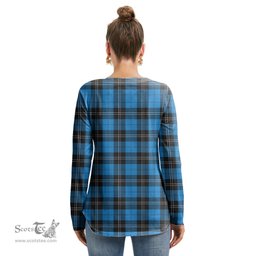 ScotsTee Shop Scottish Ramsay Blue Ancient Clan Tartan Womens V Neck Lace Up Criss Cross Sweatshirt