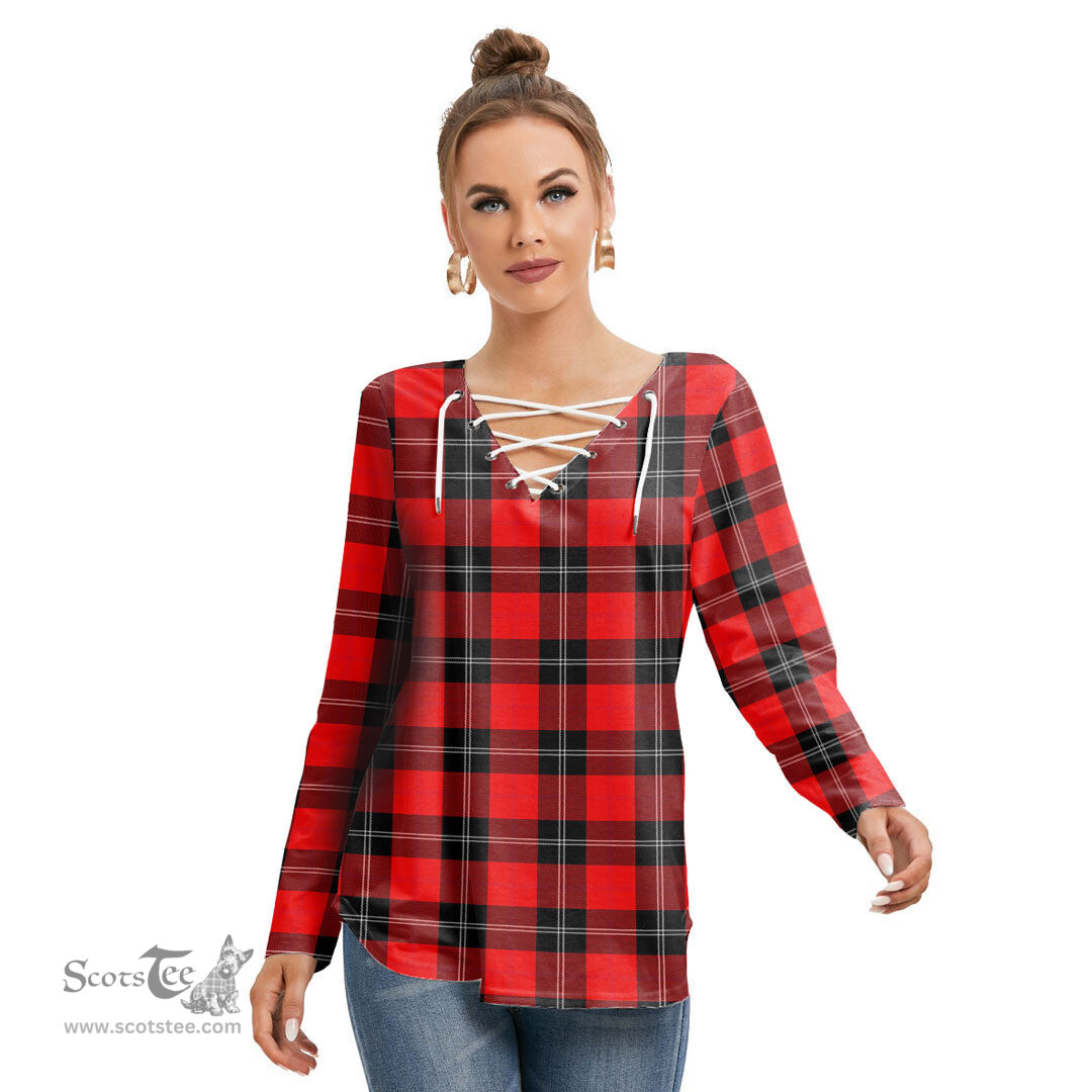 ScotsTee Shop Scottish Ramsay Modern Clan Tartan Womens V Neck Lace Up Criss Cross Sweatshirt