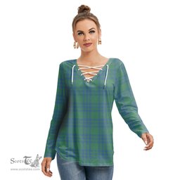 ScotsTee Shop Scottish Montgomery Ancient Clan Tartan Womens V Neck Lace Up Criss Cross Sweatshirt