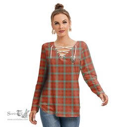 ScotsTee Shop Scottish Morrison Red Ancient Clan Crest Tartan Womens V Neck Lace Up Criss Cross Sweatshirt
