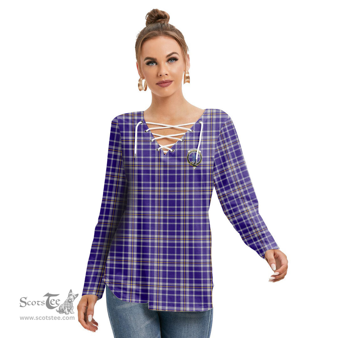 ScotsTee Shop Scottish Ochterlony Clan Crest Tartan Womens V Neck Lace Up Criss Cross Sweatshirt