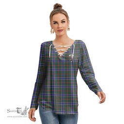 ScotsTee Shop Scottish Ogilvie Hunting Modern Clan Crest Tartan Womens V Neck Lace Up Criss Cross Sweatshirt