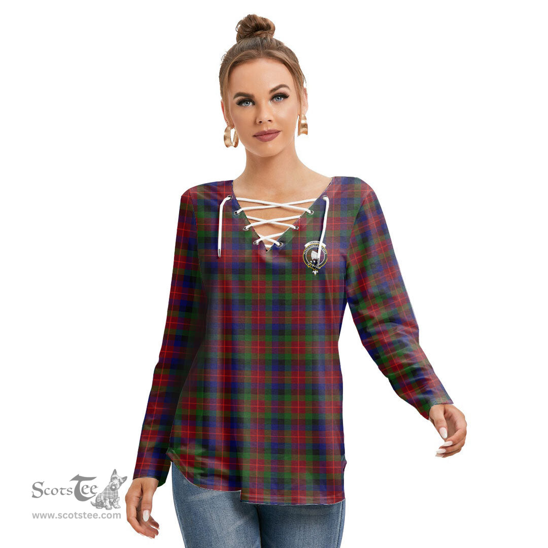 ScotsTee Shop Scottish Tennant Clan Crest Tartan Womens V Neck Lace Up Criss Cross Sweatshirt