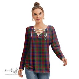 ScotsTee Shop Scottish Tennant Clan Crest Tartan Womens V Neck Lace Up Criss Cross Sweatshirt