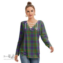 ScotsTee Shop Scottish Stewart of Appin Hunting Modern Clan Crest Tartan Womens V Neck Lace Up Criss Cross Sweatshirt