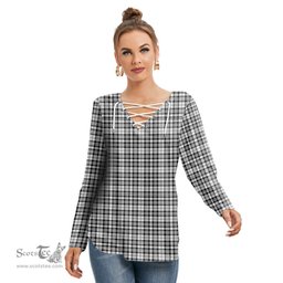 ScotsTee Shop Scottish Scott Black White Modern Clan Tartan Womens V Neck Lace Up Criss Cross Sweatshirt