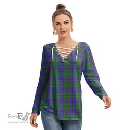 ScotsTee Shop Scottish Strachan Clan Tartan Womens V Neck Lace Up Criss Cross Sweatshirt