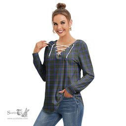 ScotsTee Shop Scottish Ogilvie Hunting Modern Clan Tartan Womens V Neck Lace Up Criss Cross Sweatshirt