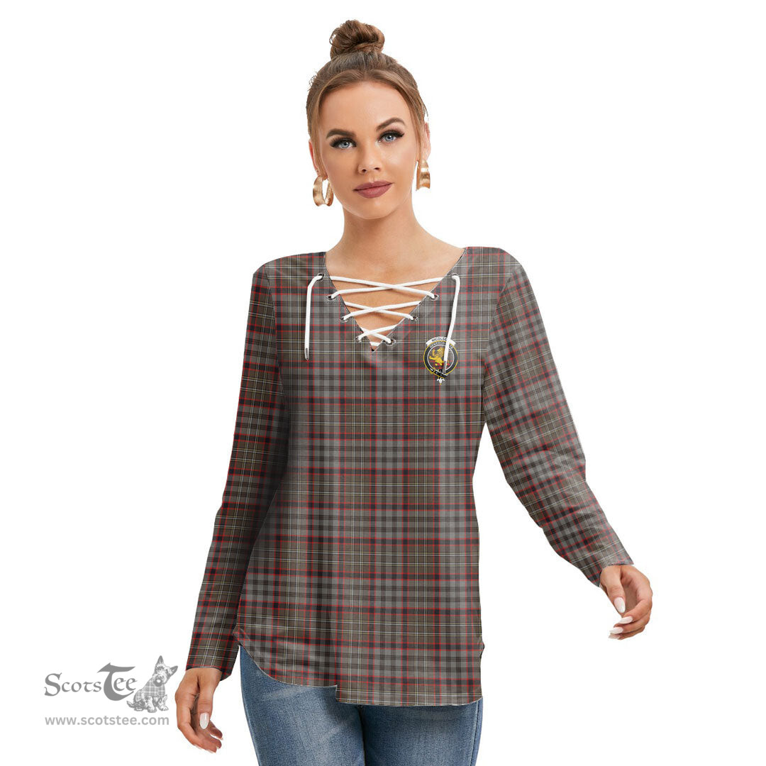 ScotsTee Shop Scottish Nicolson Hunting Weathered Clan Crest Tartan Womens V Neck Lace Up Criss Cross Sweatshirt