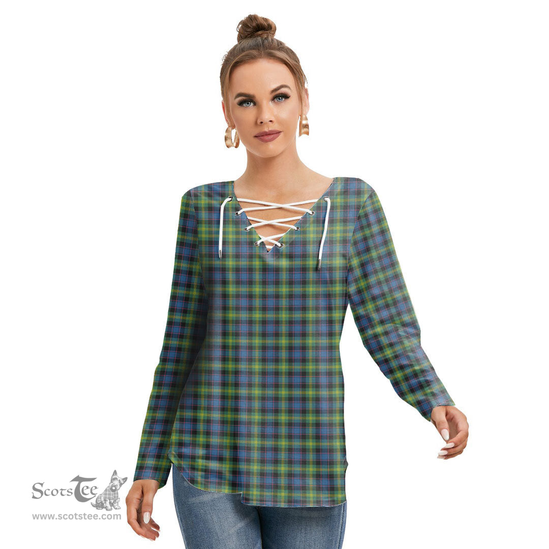 ScotsTee Shop Scottish Watson Ancient Clan Tartan Womens V Neck Lace Up Criss Cross Sweatshirt