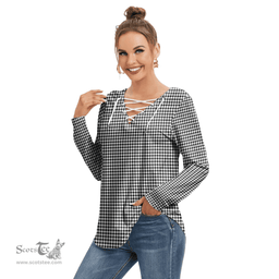 ScotsTee Shop Scottish Shepherd Clan Tartan Womens V Neck Lace Up Criss Cross Sweatshirt