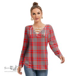 ScotsTee Shop Scottish Moubray Clan Crest Tartan Womens V Neck Lace Up Criss Cross Sweatshirt