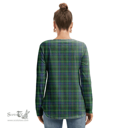 ScotsTee Shop Scottish Stewart Hunting Modern Clan Crest Tartan Womens V Neck Lace Up Criss Cross Sweatshirt