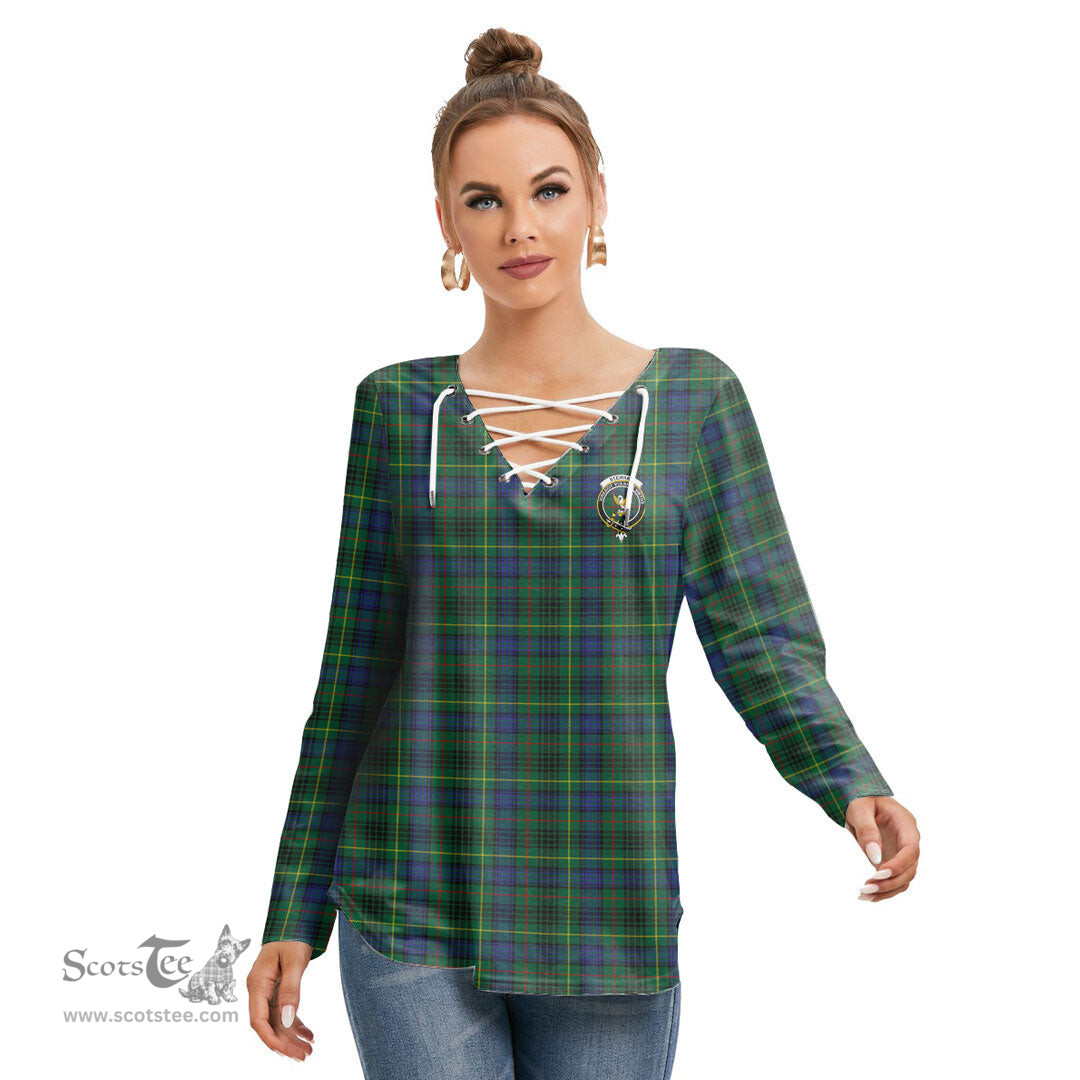ScotsTee Shop Scottish Stewart Hunting Modern Clan Crest Tartan Womens V Neck Lace Up Criss Cross Sweatshirt