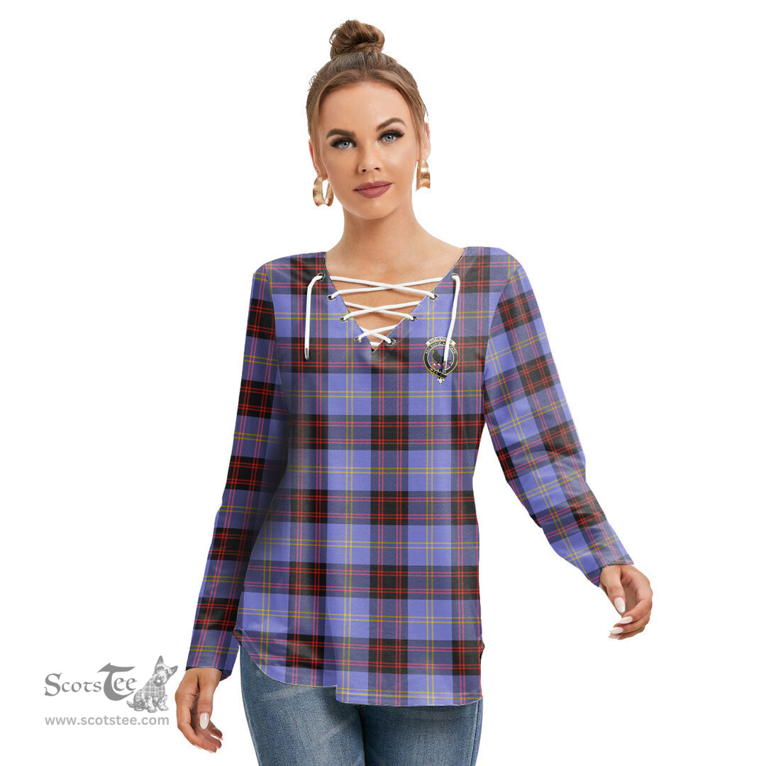 ScotsTee Shop Scottish Rutherford Clan Crest Tartan Womens V Neck Lace Up Criss Cross Sweatshirt