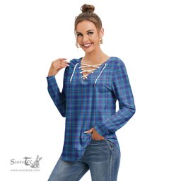 ScotsTee Shop Scottish Mercer Modern Clan Tartan Womens V Neck Lace Up Criss Cross Sweatshirt
