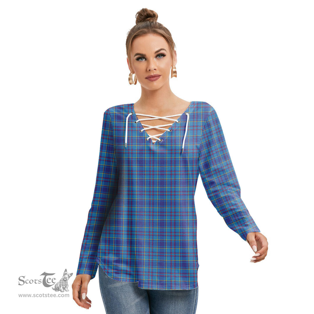 ScotsTee Shop Scottish Mercer Modern Clan Tartan Womens V Neck Lace Up Criss Cross Sweatshirt