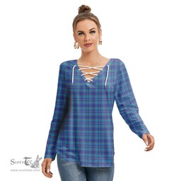 ScotsTee Shop Scottish Mercer Modern Clan Tartan Womens V Neck Lace Up Criss Cross Sweatshirt