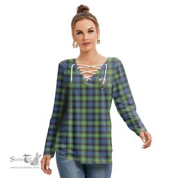 ScotsTee Shop Scottish Watson Ancient Clan Crest Tartan Womens V Neck Lace Up Criss Cross Sweatshirt