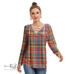 ScotsTee Shop Scottish Ogilvie of Airlie Ancient Clan Crest Tartan Womens V Neck Lace Up Criss Cross Sweatshirt