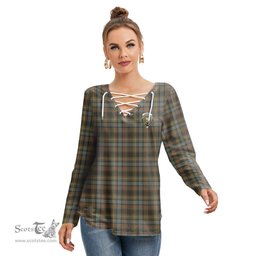 ScotsTee Shop Scottish Stewart Hunting Weathered Clan Crest Tartan Womens V Neck Lace Up Criss Cross Sweatshirt